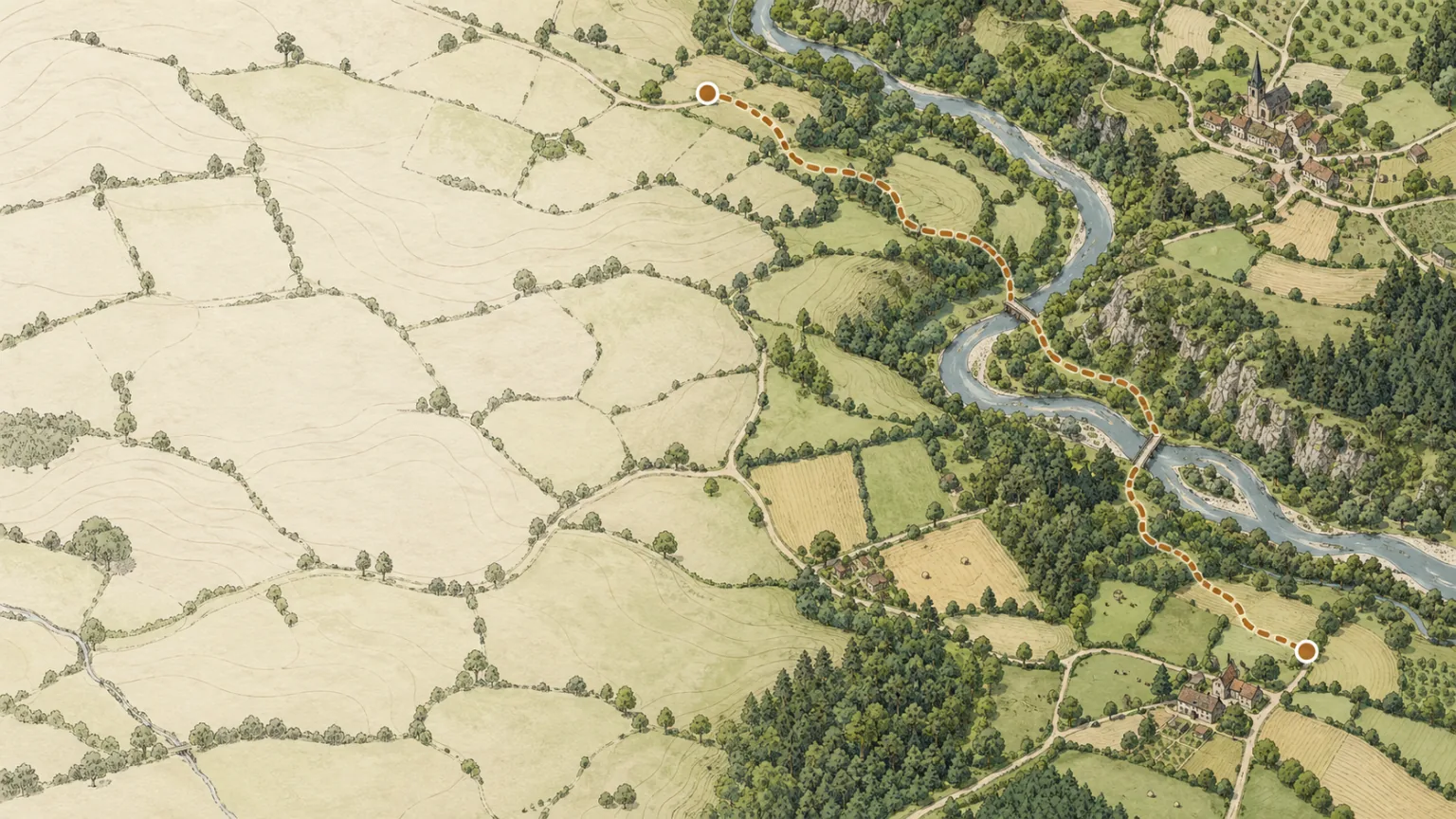 Carte illustrée d’un bocage traversé par une rivière, un itinéraire en pointillés reliant deux étapes entre champs et forêt